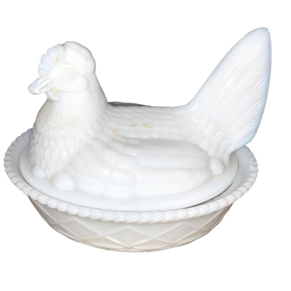 Milk Glass Hen On Nest Covered Dish Basketweave Vintage 6”
